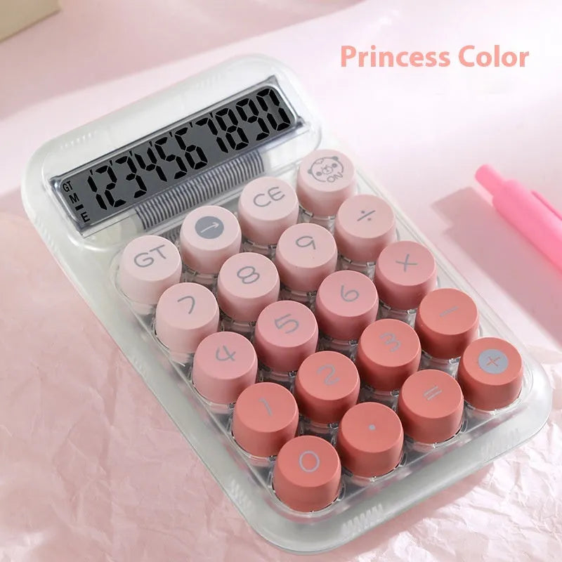 Gradient colour mechanical keyboard calculator with LCD screen on ABS plastic casing.
