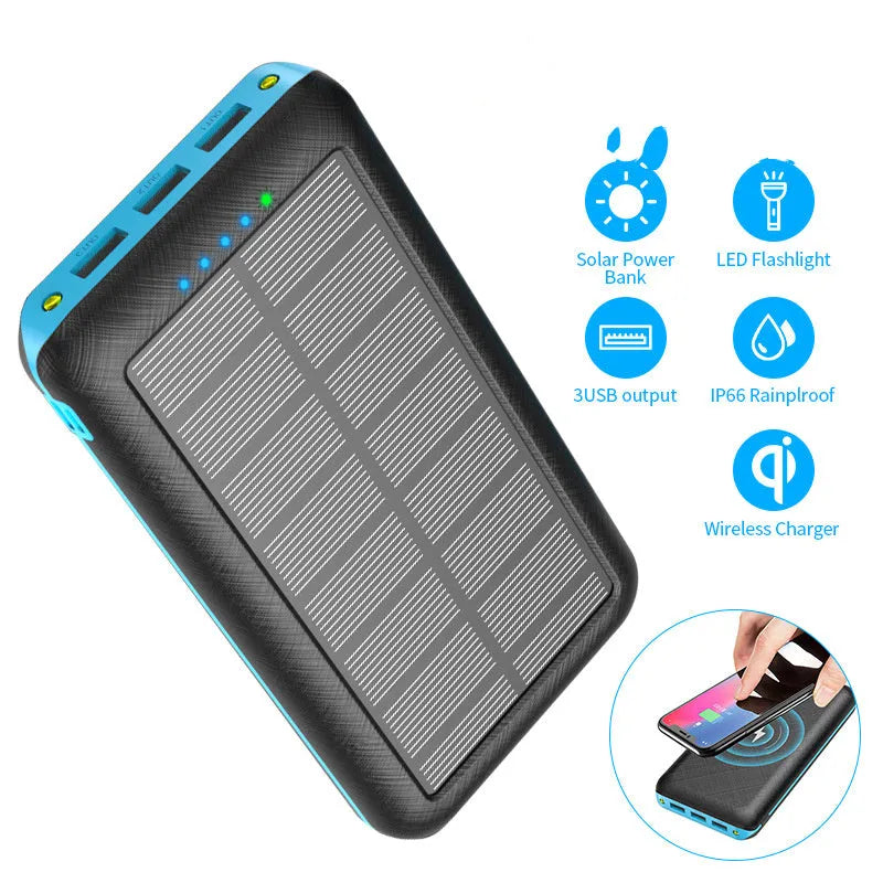 Black wireless charging power bank with three USB ports for iPhone Samsung and Xiaomi phones