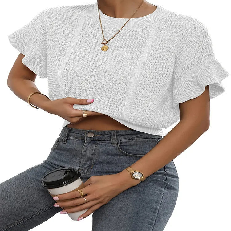 Women's loose knitted pullover sweater with ruffled short sleeves in dark brown.