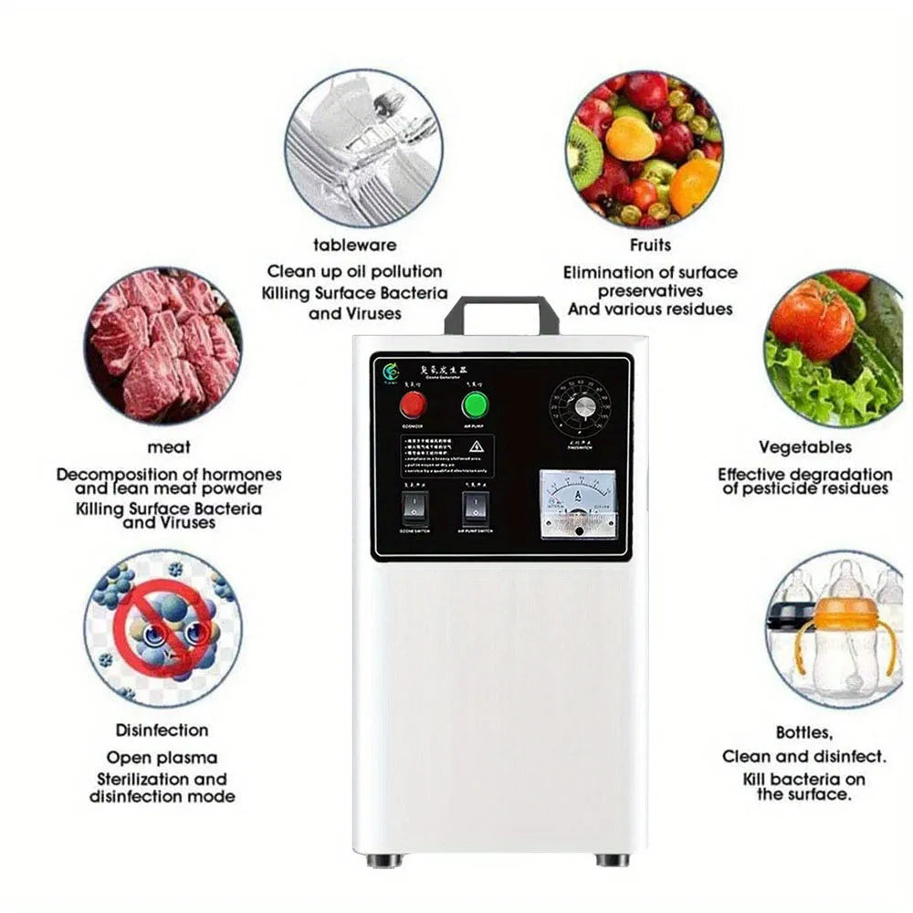 Stainless steel and white ozone generator for fruit and vegetable treatment with air-cooled system