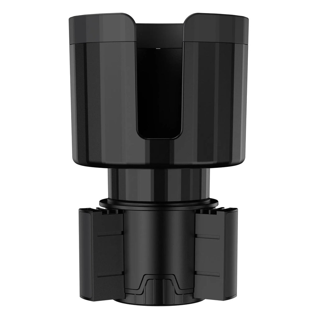 Matte black adjustable car cup holder expander for large bottles and cups on a car centre console