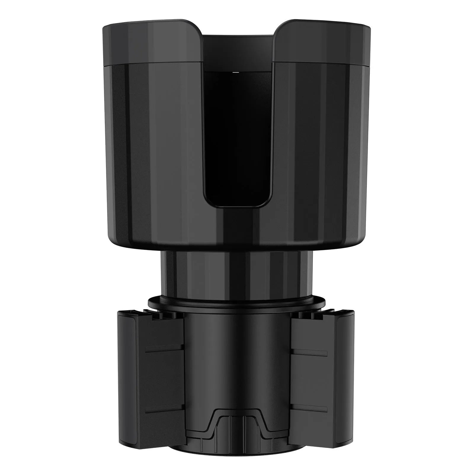 Matte black adjustable car cup holder expander for large bottles and cups on a car centre console
