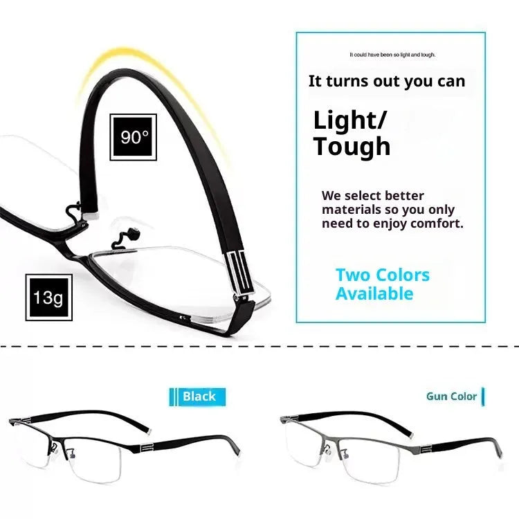 Integrated focus reading glasses with metal optical frame, dragon and phoenix pattern, black blue or gun colour