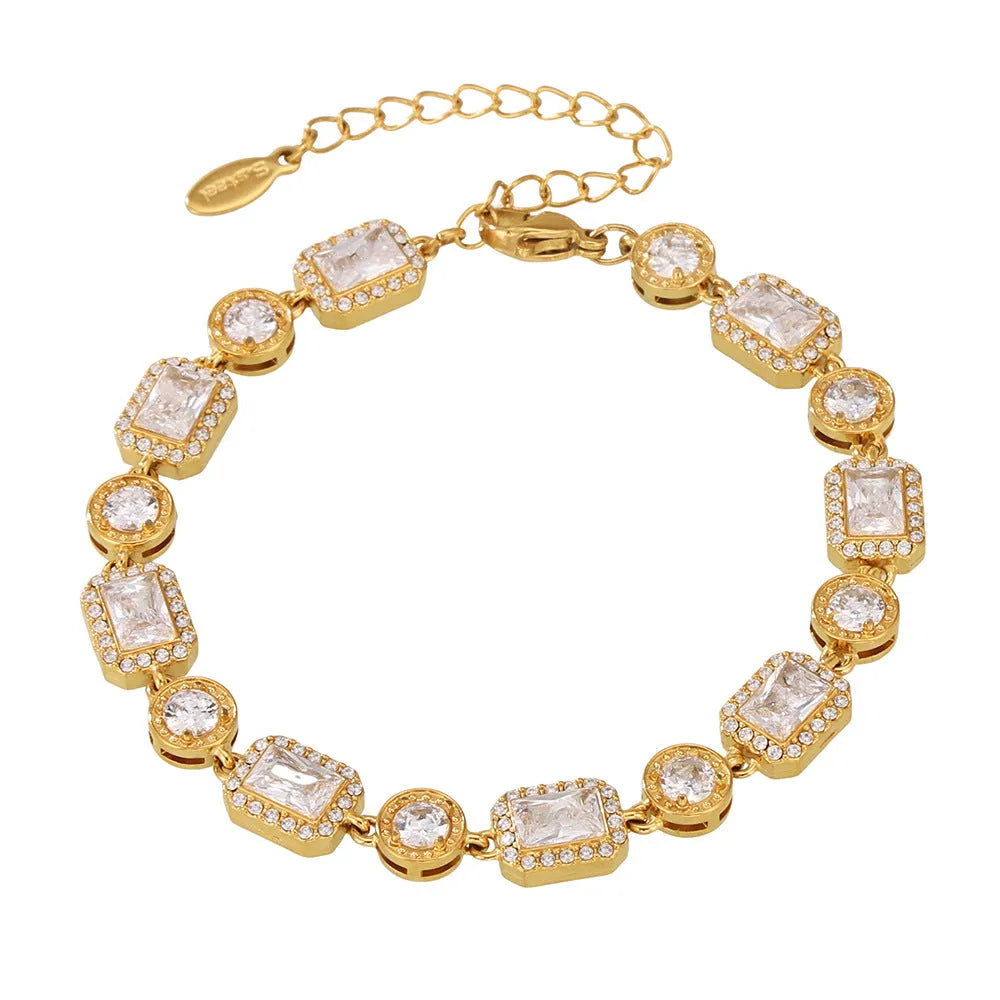 Titanium steel unisex bracelet with square zircon rhinestone inlay, geometric design, gold or steel colour.