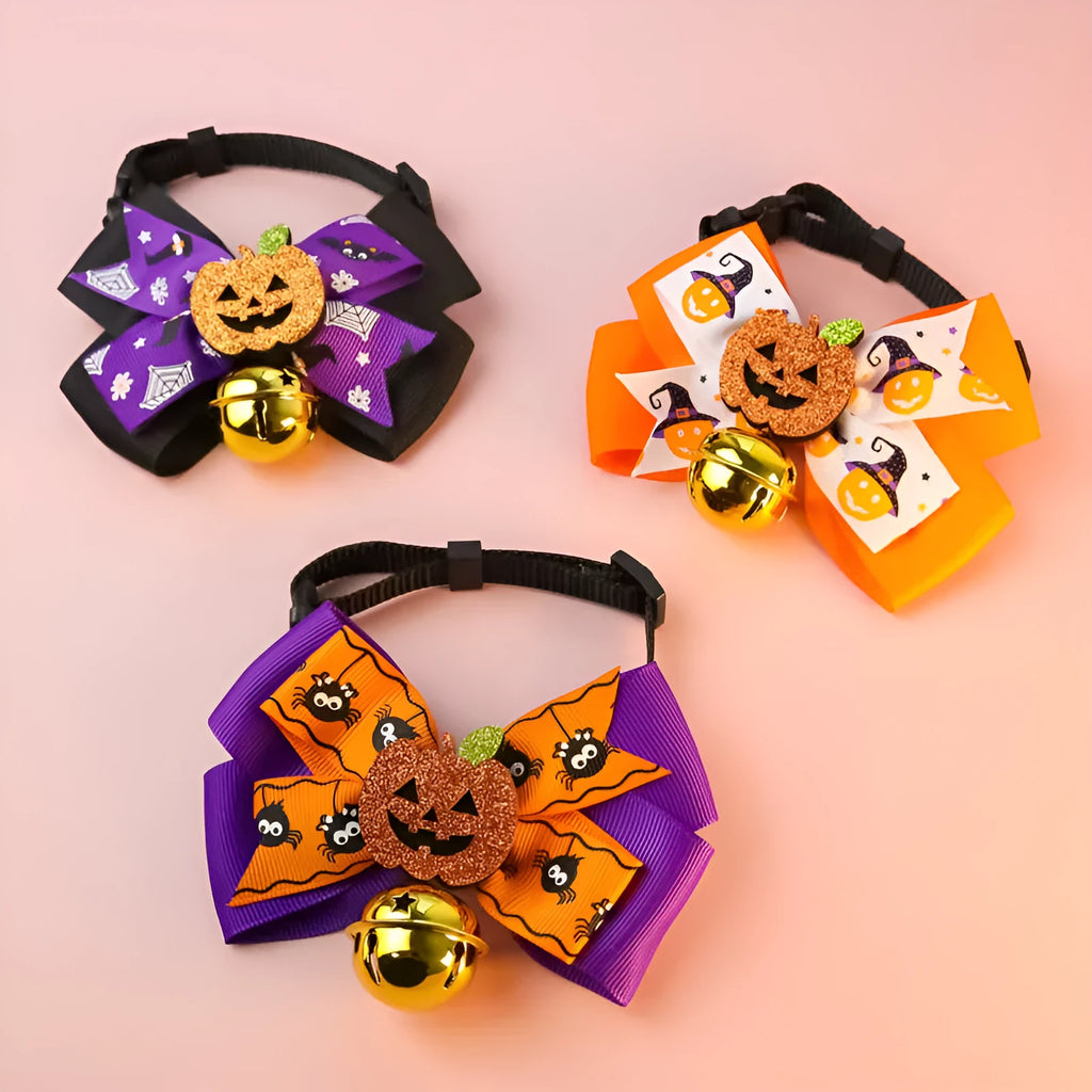 Polyester pumpkin bow tie with bell decoration for cats and dogs in orange colour