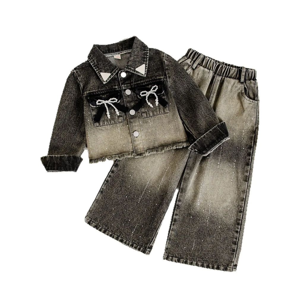 Girls' two-piece set with bow decoration: black denim coat and wide-leg pants, solid or floral, height 90-140cm