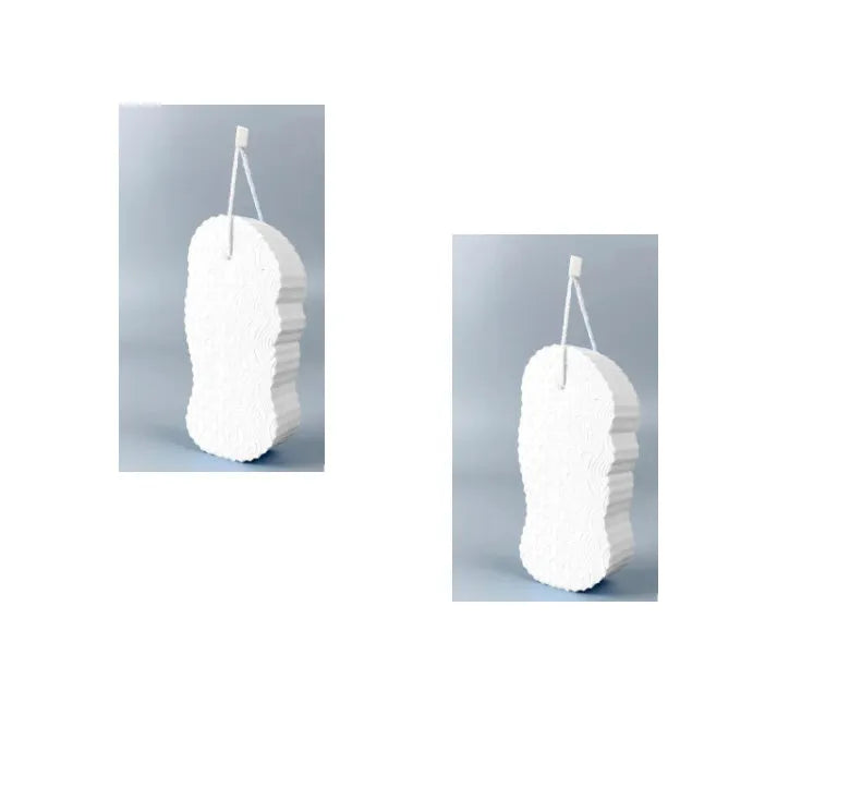 White 3D bath sponge with fish scale pattern for gentle body exfoliation in shower.