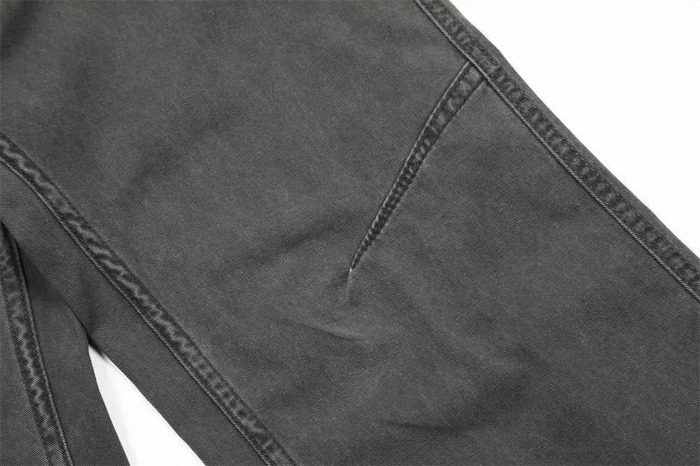 Mens loose fit denim work trousers in black, dark green, and smoky gray cotton fabric
