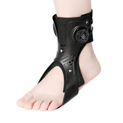 Grey ankle support brace with airbag button mechanism showing left and right size options for foot circumference 31-47 yards