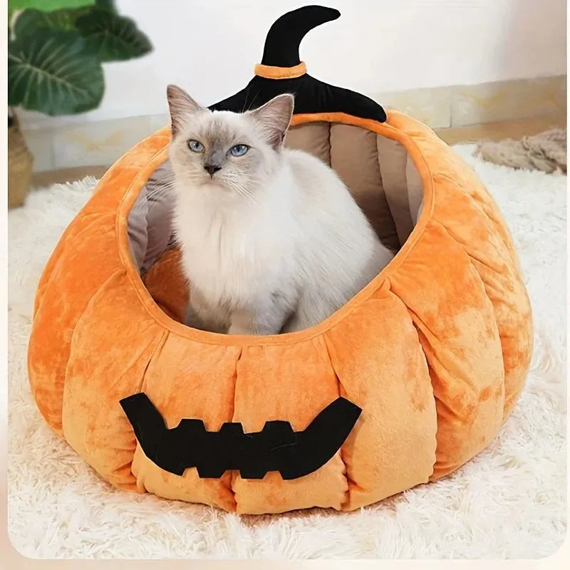 Halloween pumpkin-shaped pet bed with cartoon devil design for cats and small dogs