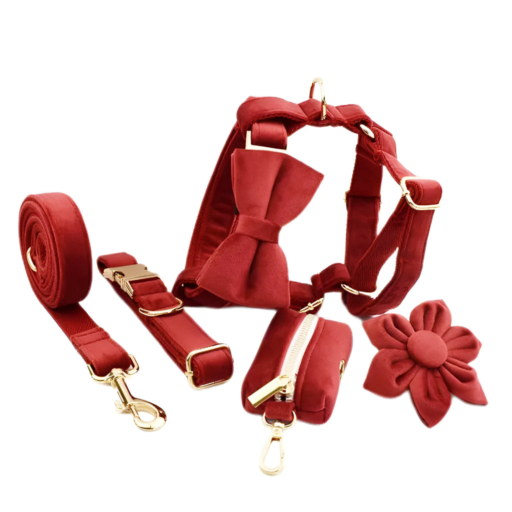 Cloth dog collar and leash set with matching vest, bow tie, and waste bag in multiple sizes