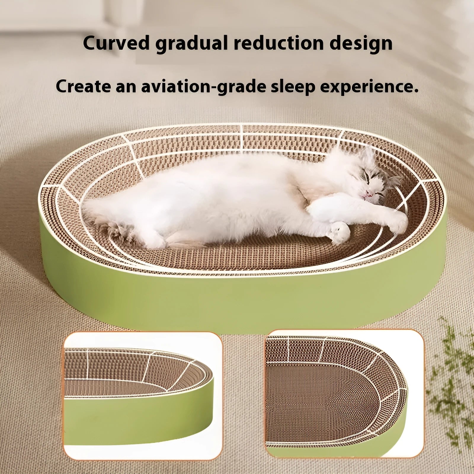 Green oval corrugated paper cat scratch board nest measuring 55 cm in diameter