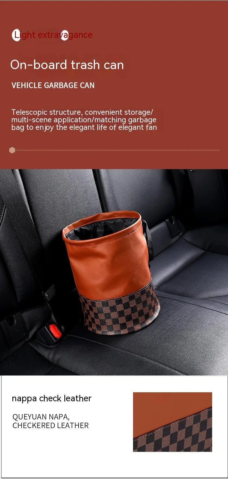 Leather retractable car trash can shown in folding design with carry handle