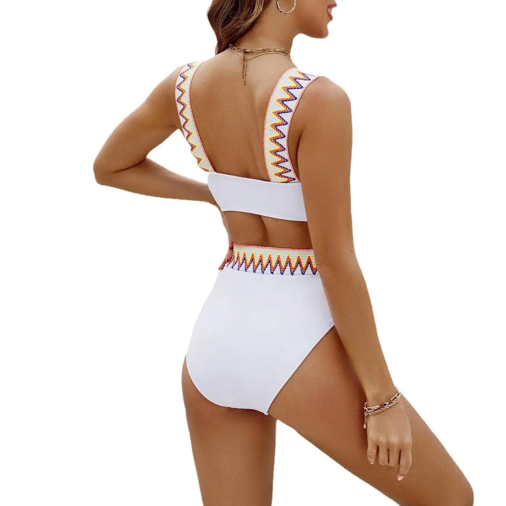 Black and white women's lace-up high-waisted swimsuit bikini with backless design