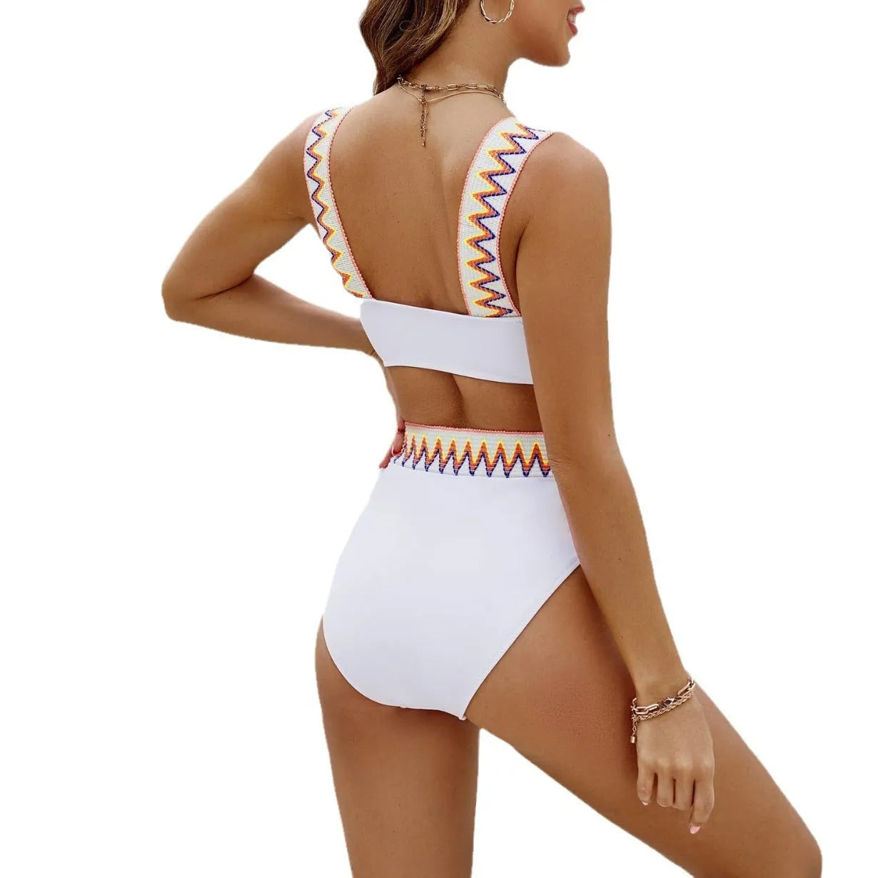Black and white women's lace-up high-waisted swimsuit bikini with backless design