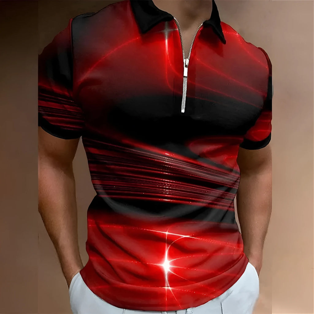 Men's blue lapel collar zipper polo shirt with printed design and short sleeves