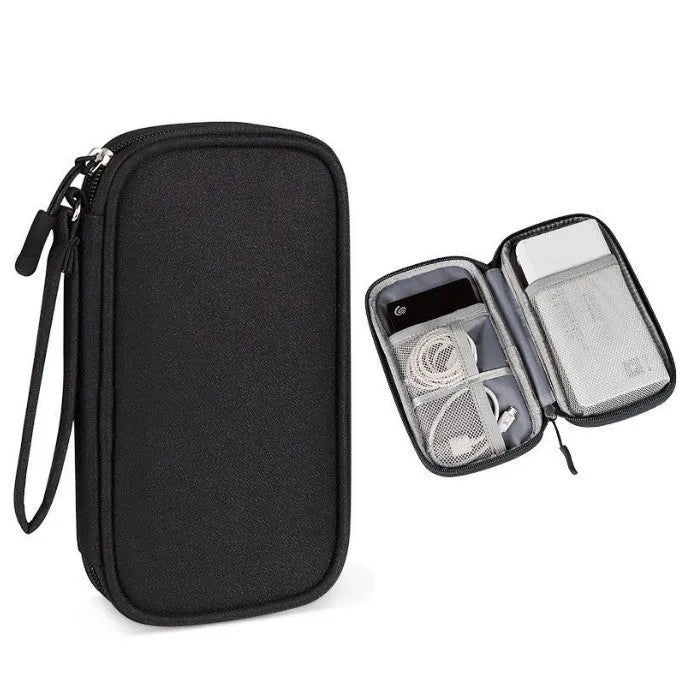 Portable data cable buggy bag in light gray, handbag style, 19x11x3 cm, on flat surface