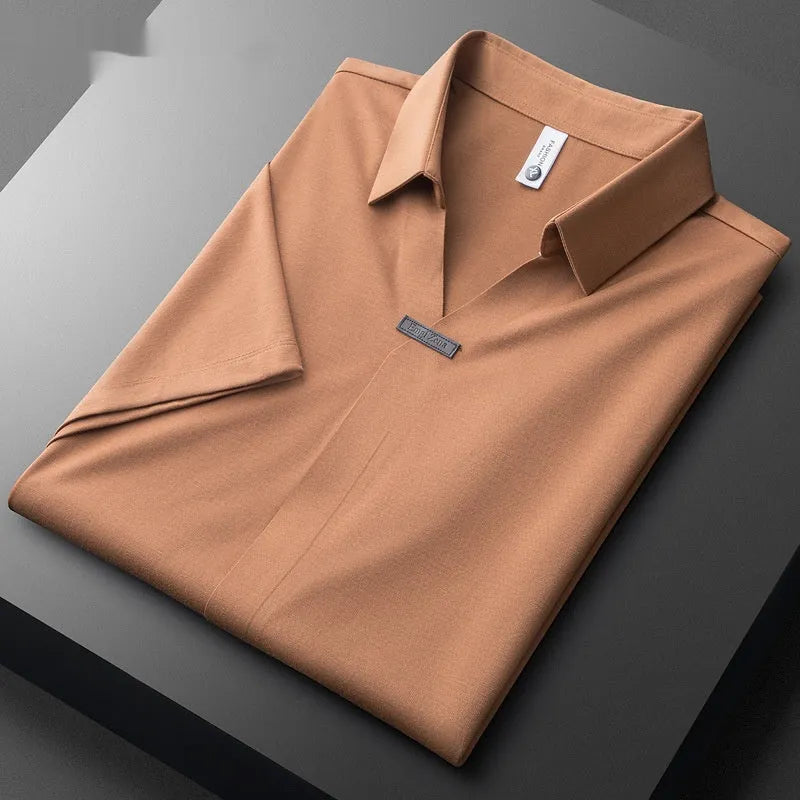 Men's slim fit lapel collar polo short-sleeved t-shirt in black, brown, and white colours