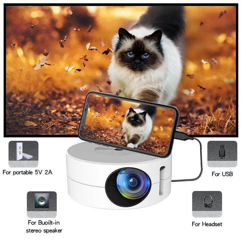 Portable wired same-screen projector for mobile phones in black and white