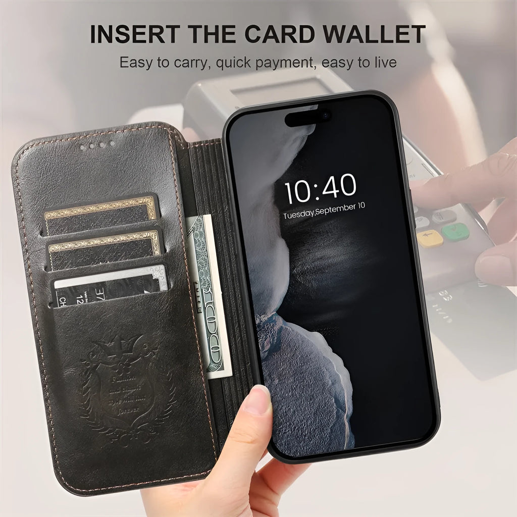 Magnetic phone case with card holster and bracket for iPhone 16, black frosted PU TPU