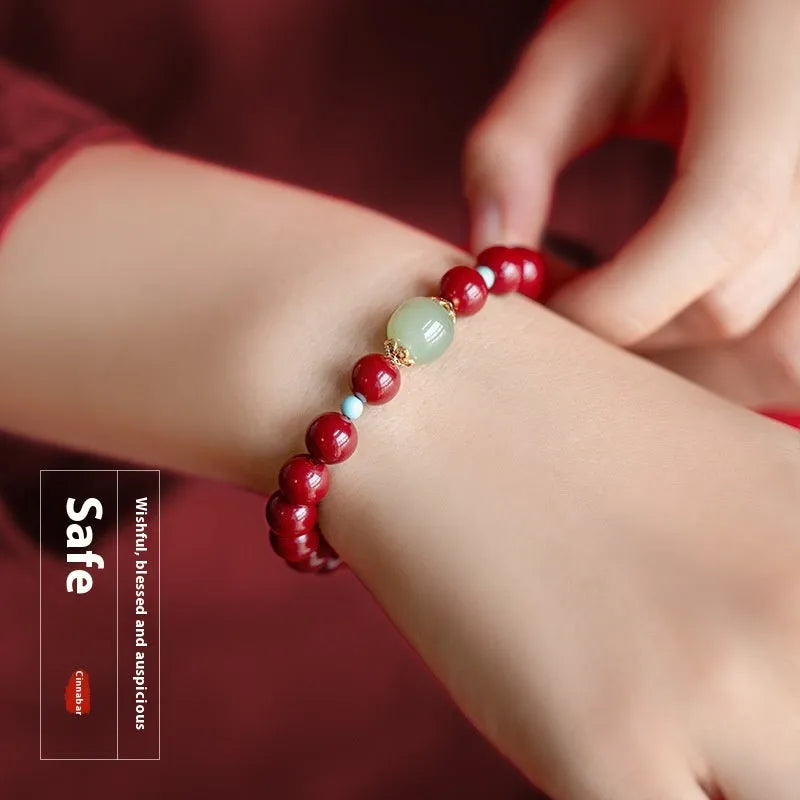 Purple Gold Sand geometric bracelet with cinnabar and Hetian jade beads in unisex cartoon style.