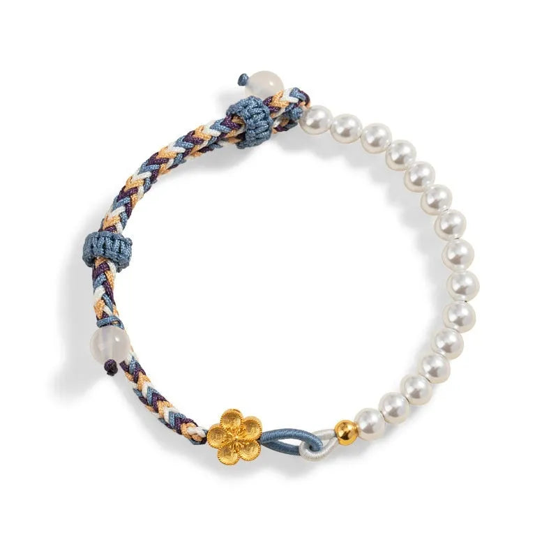 Peach coloured adjustable cord bracelet with Chinese flower weaving and sterling silver chalcedony accents