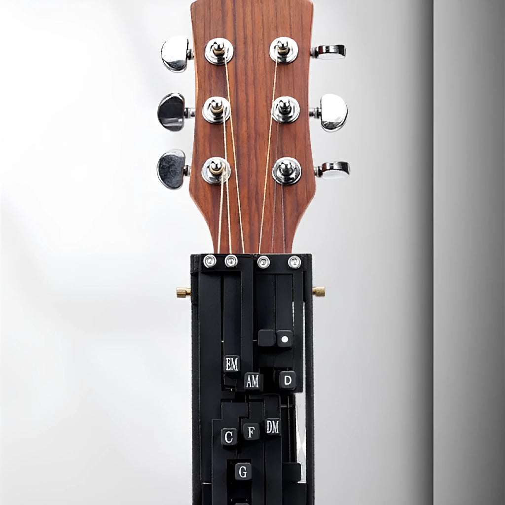 Automatic guitar capo chord device in black and white options for folk guitar playing