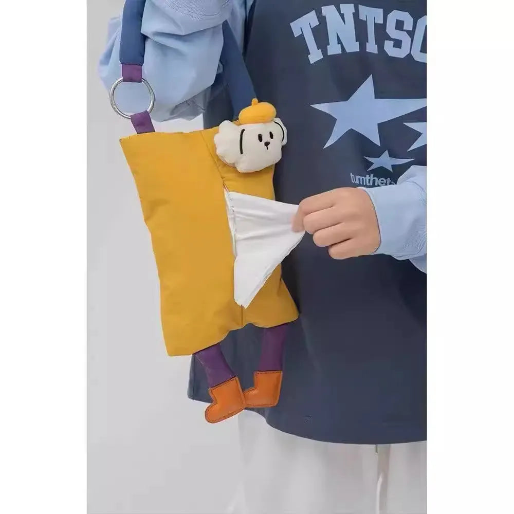 Hanging plush tissue buggy bag in baby crocodile design measuring 25x19cm