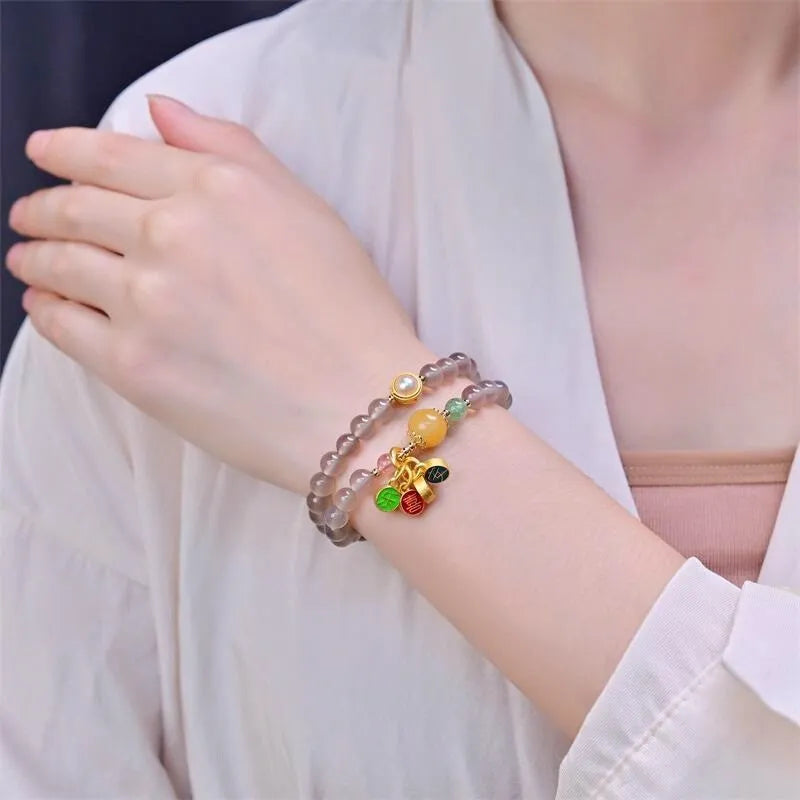 Natural grey agate bracelet with two circles and safe and happy design for women