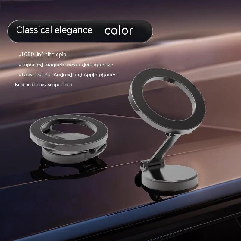 All-metal magnetic car phone mount with foldable design on dashboard holding mobile phone