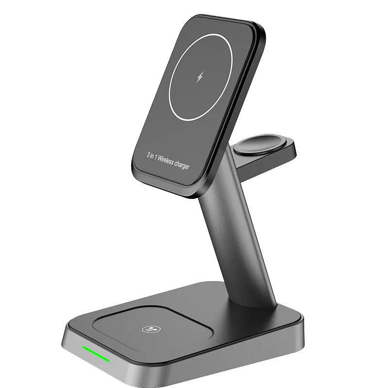 Black cubic 10000mAh wireless charging station for phones and smartwatches on a desk