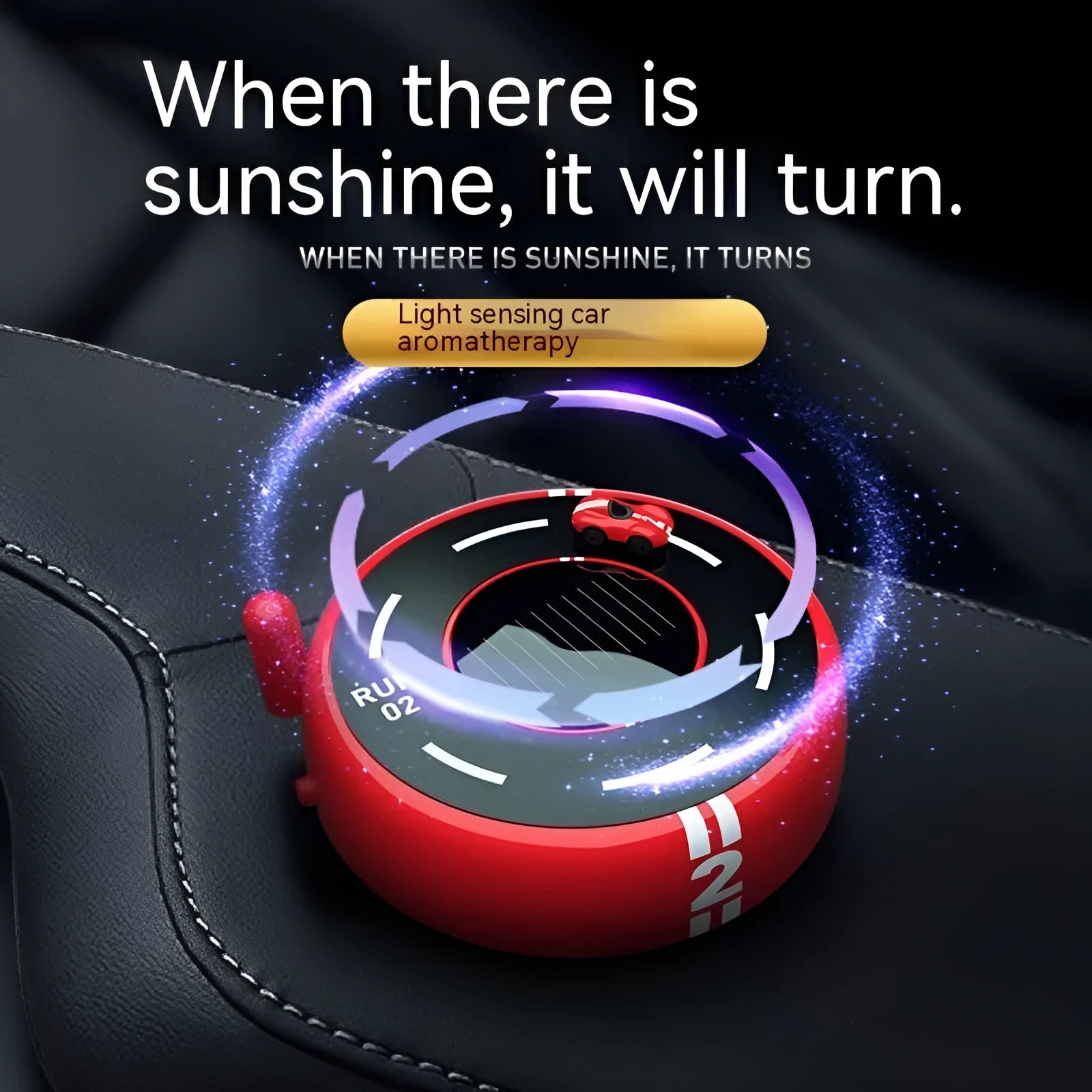 Round solar-powered car aromatherapy decoration with light sensor in modern design