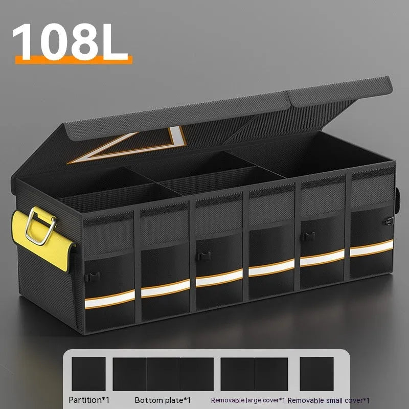 Black and yellow foldable fabric car boot storage organiser bag with handle