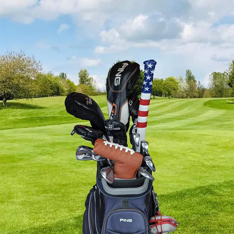 Black PU leather golf putter cover sleeve for club head protection.