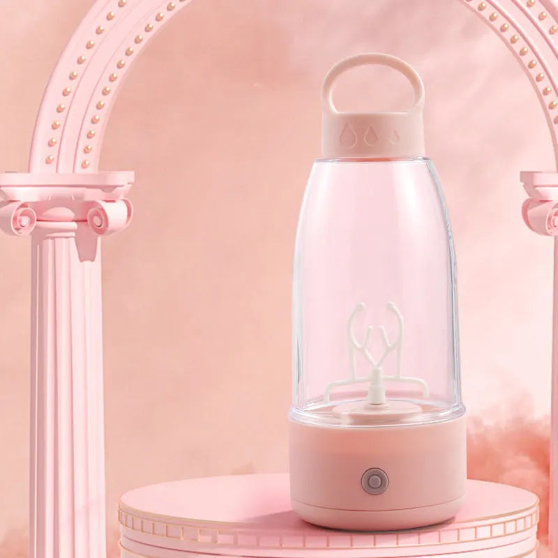 Automatic electric shaker bottle with USB charging port in green, pink, and white colours.