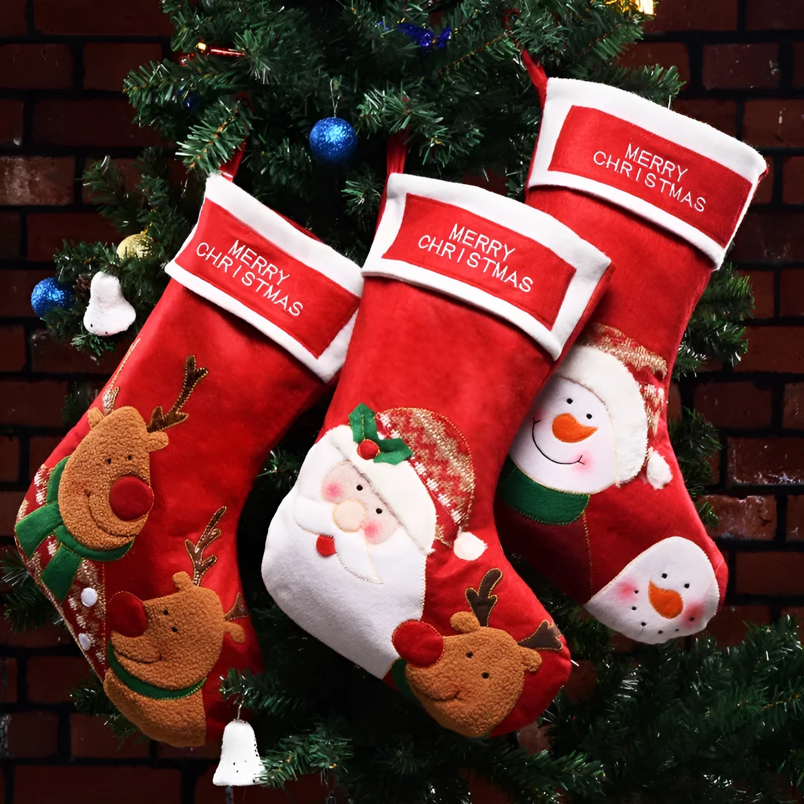Christmas stocking ornaments with elk, elderly man and snowman designs in non-woven fabric