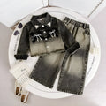 Girls' two-piece set with bow decoration: black denim coat and wide-leg pants, solid or floral, height 90-140cm