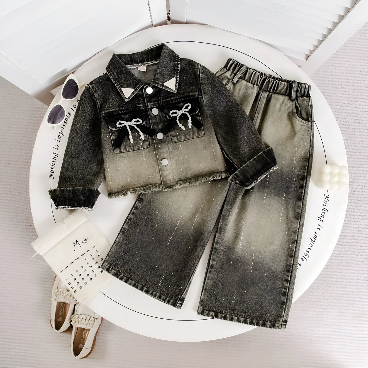 Girls' two-piece set with bow decoration: black denim coat and wide-leg pants, solid or floral, height 90-140cm
