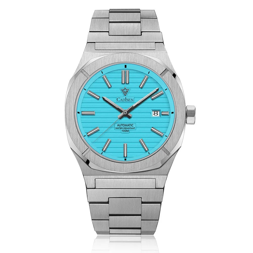 Men's automatic mechanical watch with 40mm stainless steel case, white dial, and blue steel band