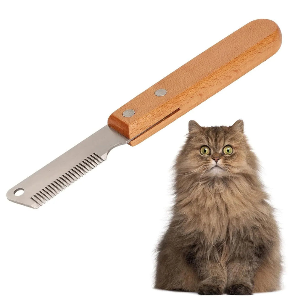 Pet stripping comb grooming tool with wood handle shown in long and short size options