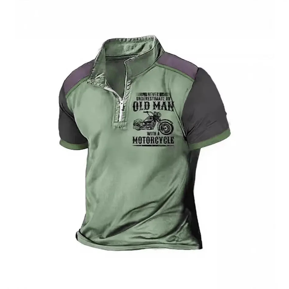 Men's casual lapel polo shirt with digital letter print on short sleeves.