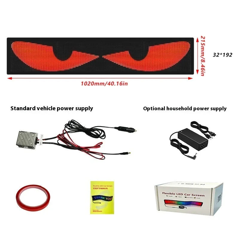 Flexible LED display for car windshield with animated eyes, 1500-2000nit brightness, USB interface, black and white design