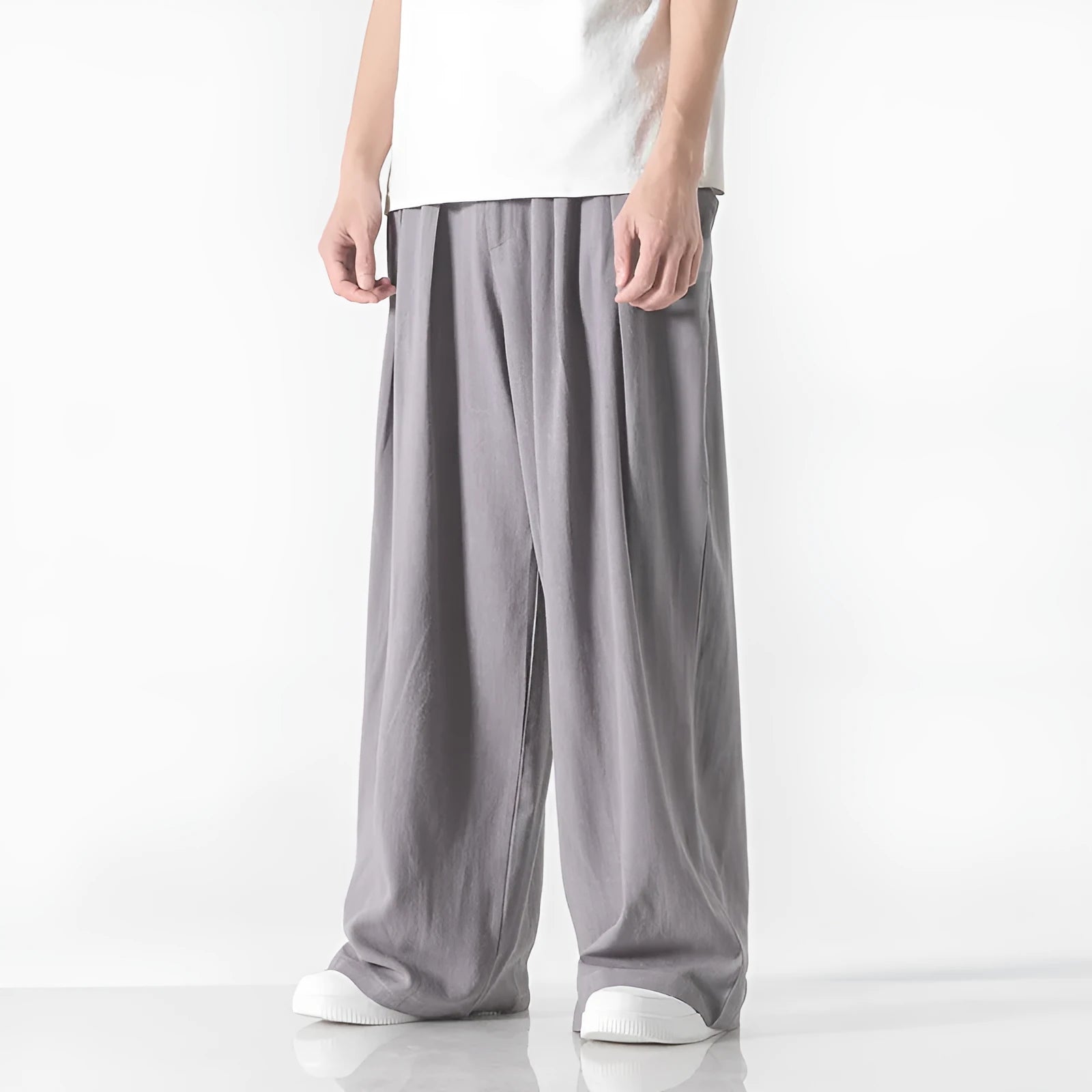 Men's straight-leg linen trousers in beige with drawstring waist, available in Asian sizes M to 5XL