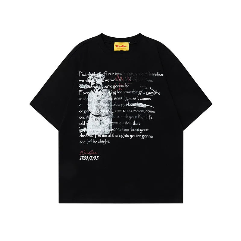 Men's black retro loose fit pure cotton T-shirt with printed letter designs and raglan sleeves