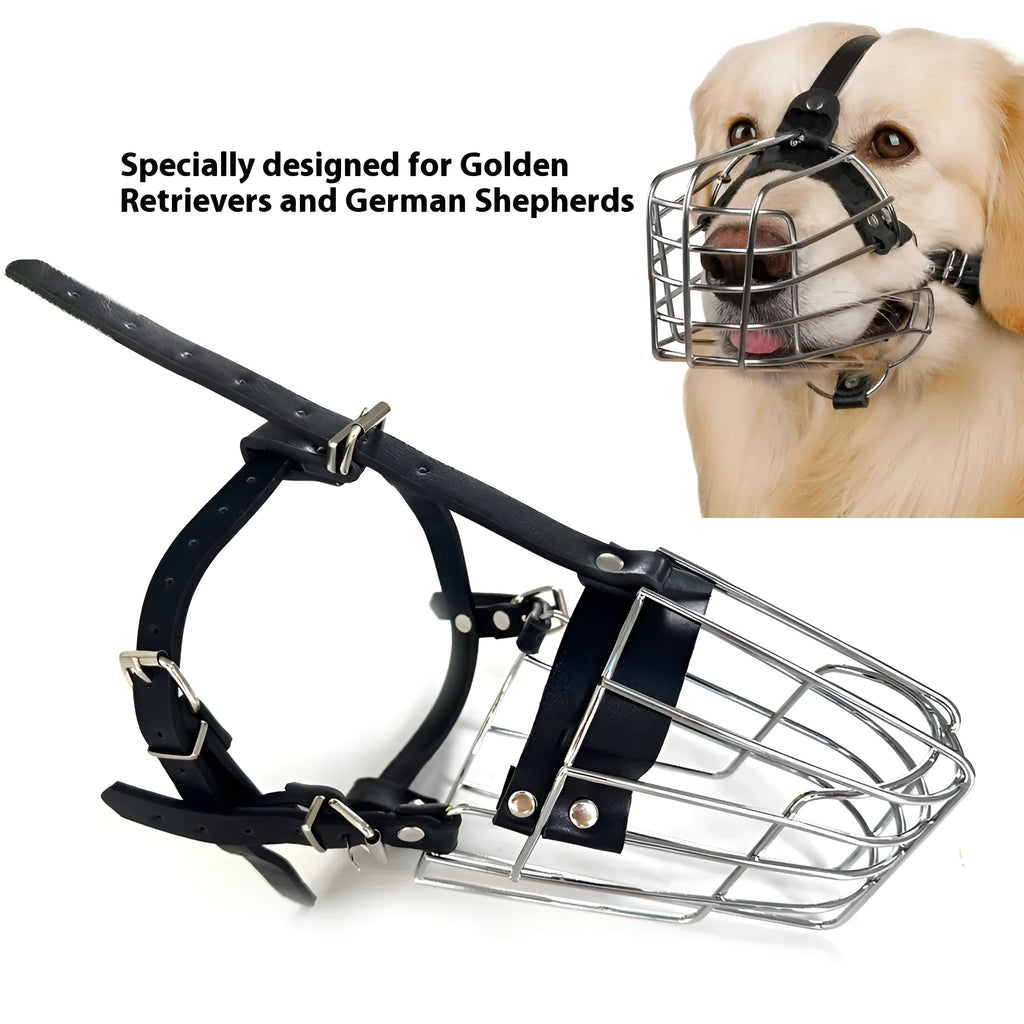 Black metal dog muzzle designed for a golden retriever or German shepherd