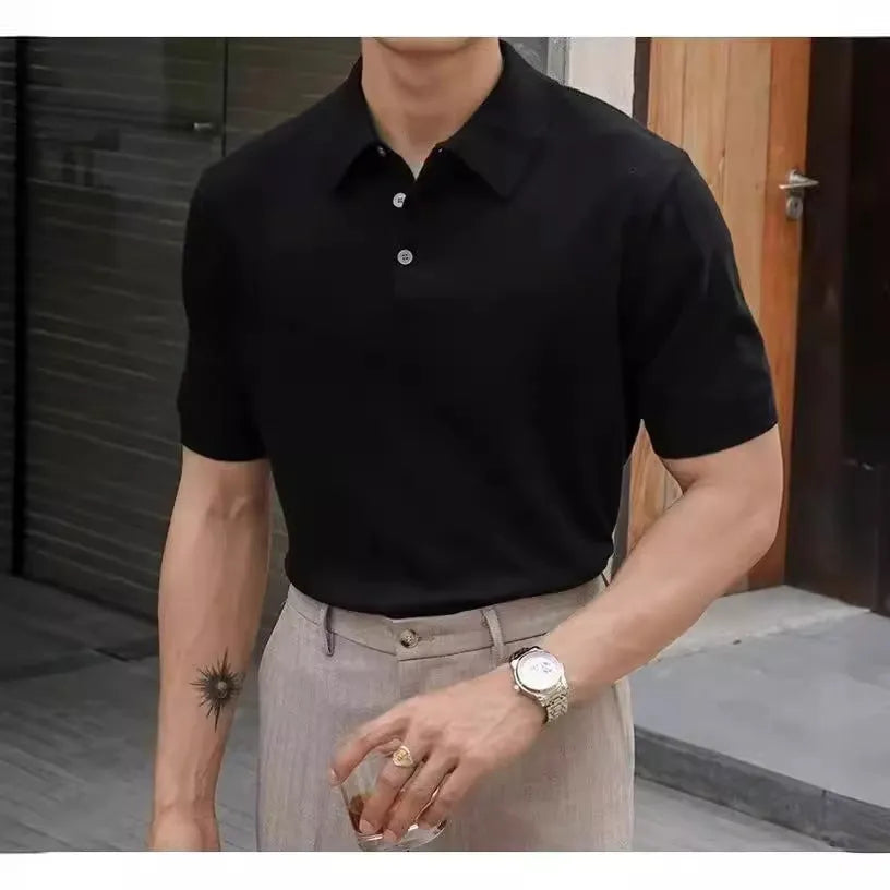 Men's black short sleeve polo shirt with a cotton ice silk knit and classic collar.