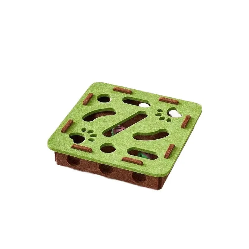 Green brown felt box cat toy with holes for interactive puzzle play.