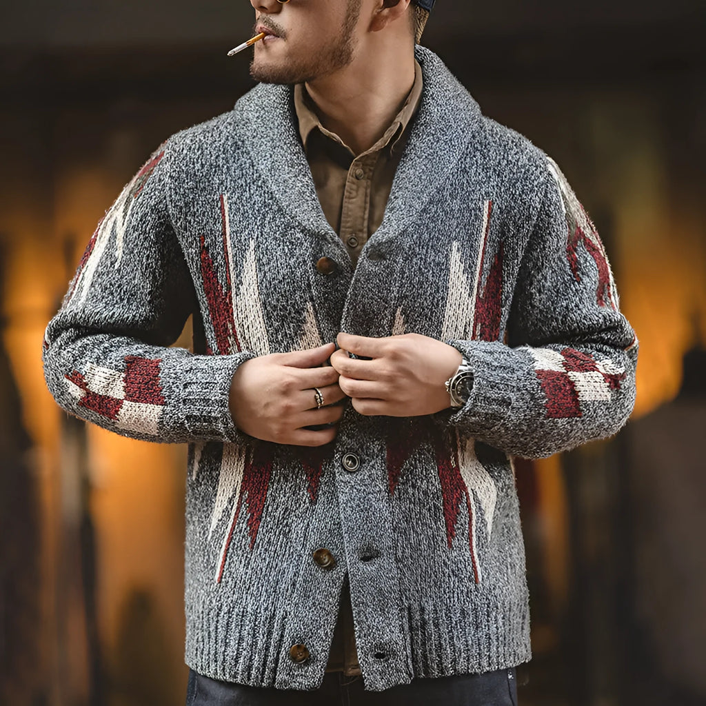 Men's dark grey lapel cardigan jacket, thick knit polyester blend, long sleeve, casual fit, sizes S-2XL