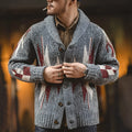 Men's dark grey lapel cardigan jacket, thick knit polyester blend, long sleeve, casual fit, sizes S-2XL