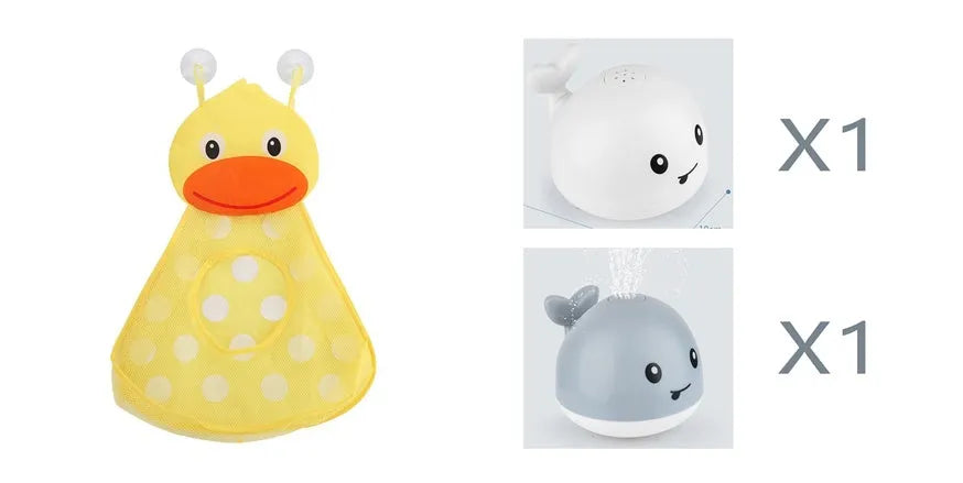 Whale-shaped electric bath toy spraying water with flashing lights, floating in baby bathtub